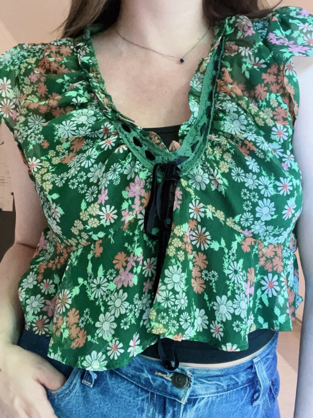 Free People Floral Short Sleeve Top Size Large Sheer Ribbon Boho Crop